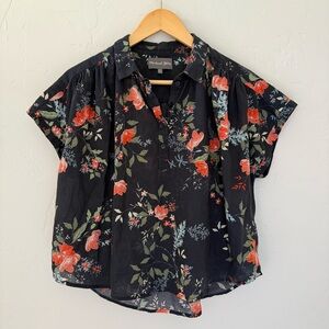 Michael Stars Boho Floral Boxy Blouse, Navy Blue Floral Collared Shirt